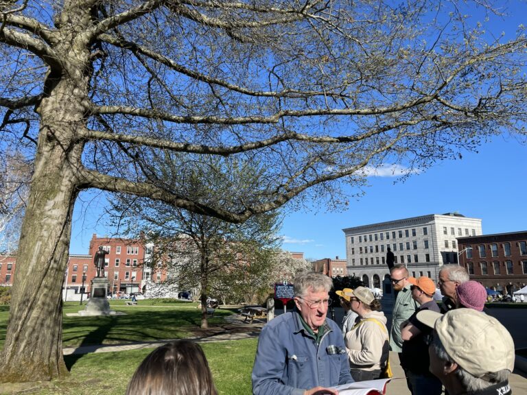 A man talks to a small crowd under a nearly bare tree in downtown Concord under a blue sky.